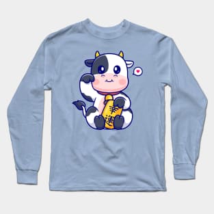 Cute Lucky Cow Holding Gold Coin Cartoon Long Sleeve T-Shirt